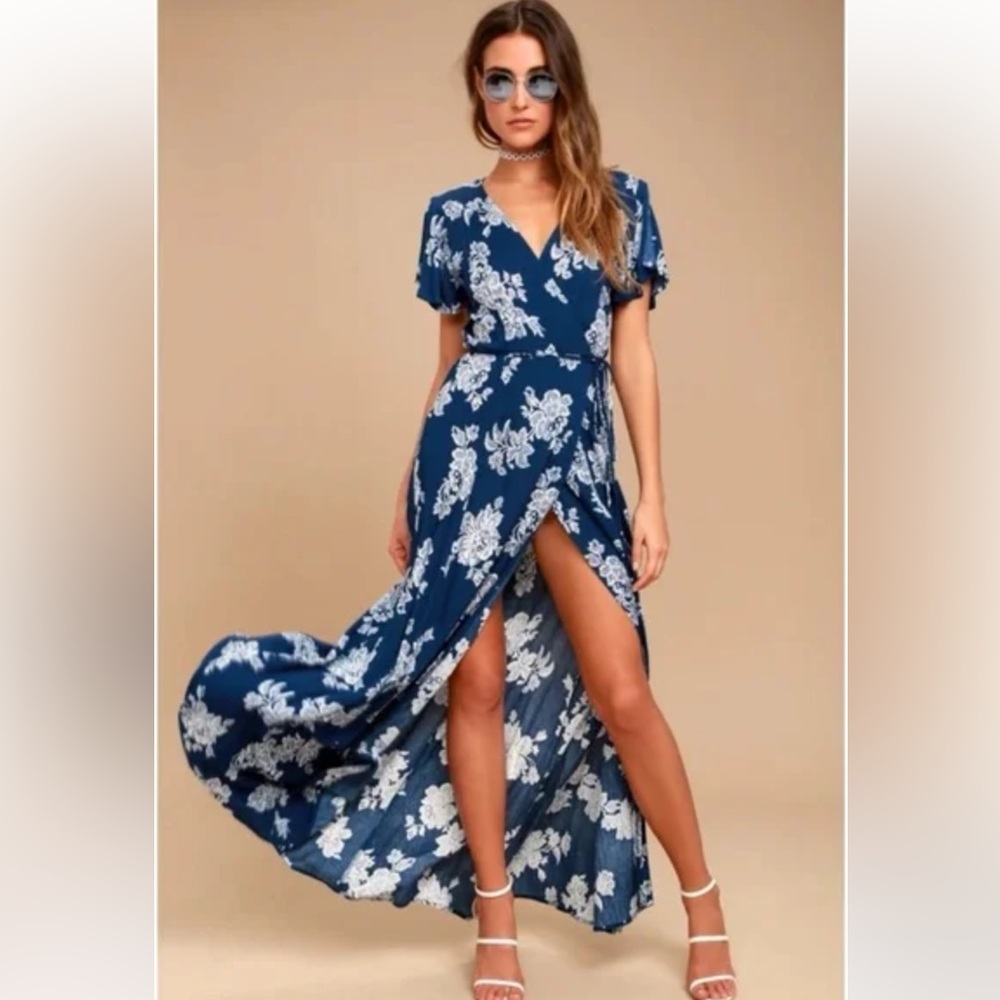 Lulu's Navy Blue Floral Long Wrap Dress